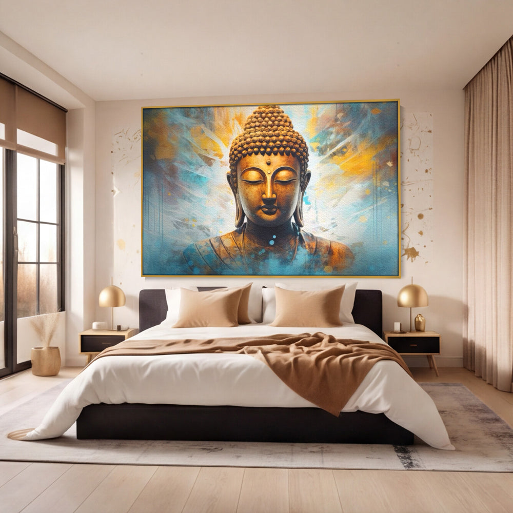 Tablou canvas cu tablou canvas cu bustul lui buddha, in rama de aluminiu auriu, pe perete intr-un dormitor